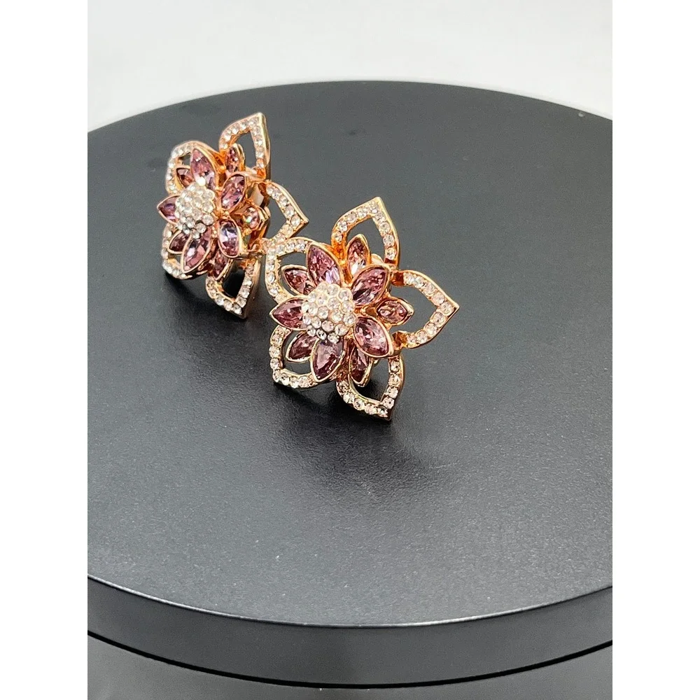 Joan Boyce JB Vintage Rose Gold Blooming Floral Pink Rhinestone CZ Clip Earrings